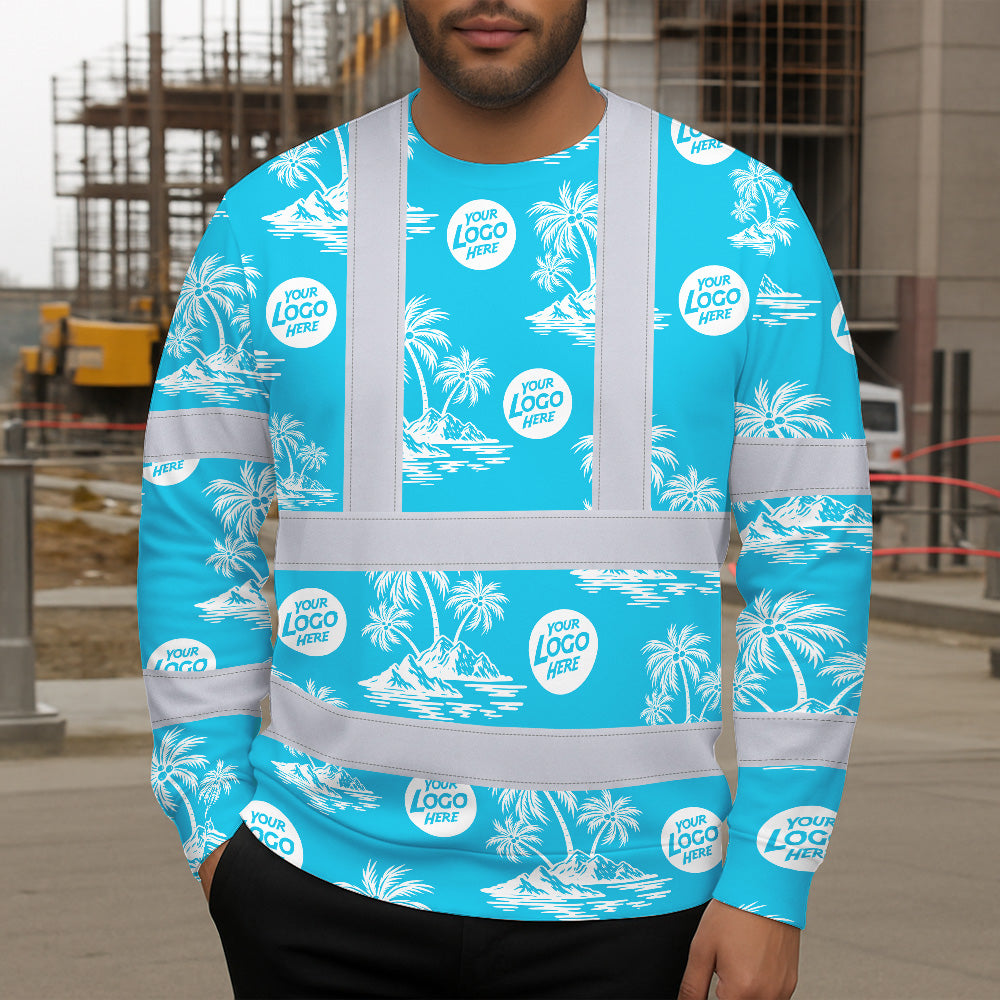 Hi Vis Long Sleeve Shirt Reflective Tapes Blue Neon And White Flowers Custom Name And Logo Safety Workwear For Company