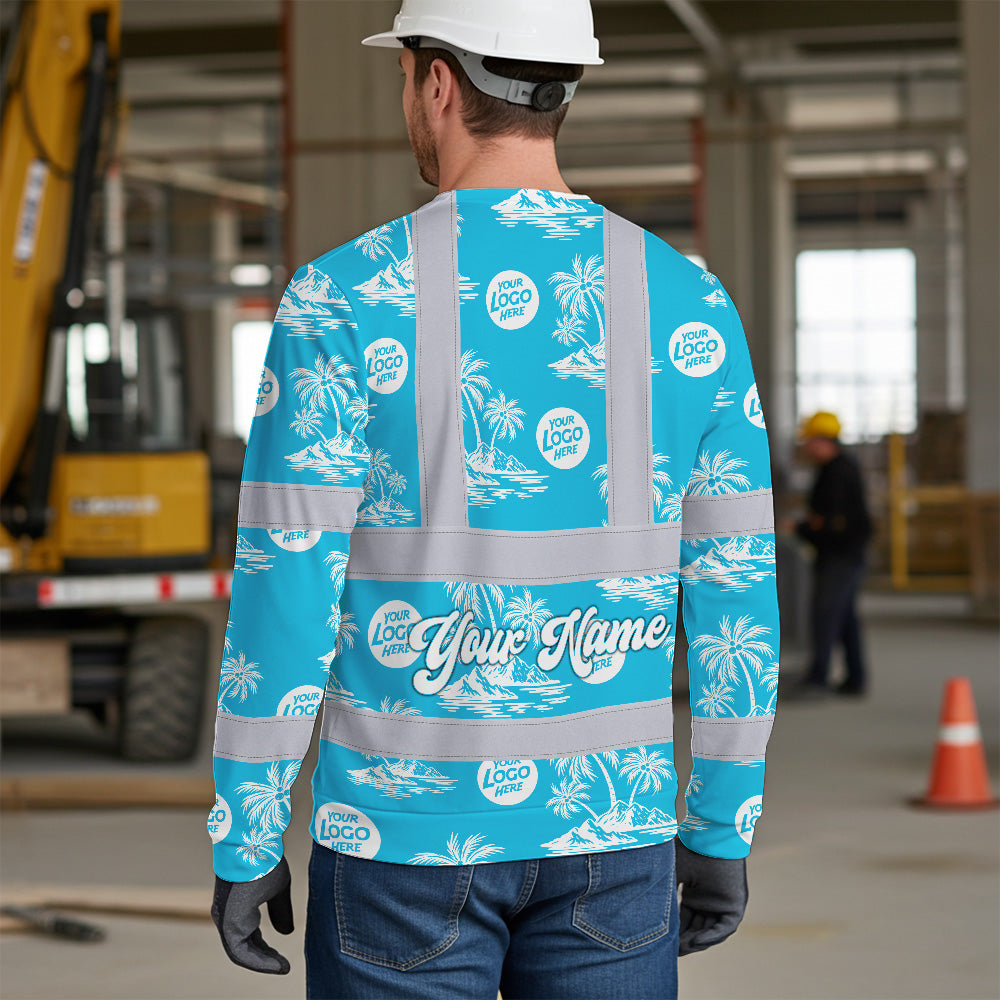 Hi Vis Long Sleeve Shirt Reflective Tapes Blue Neon And White Flowers Custom Name And Logo Safety Workwear For Company