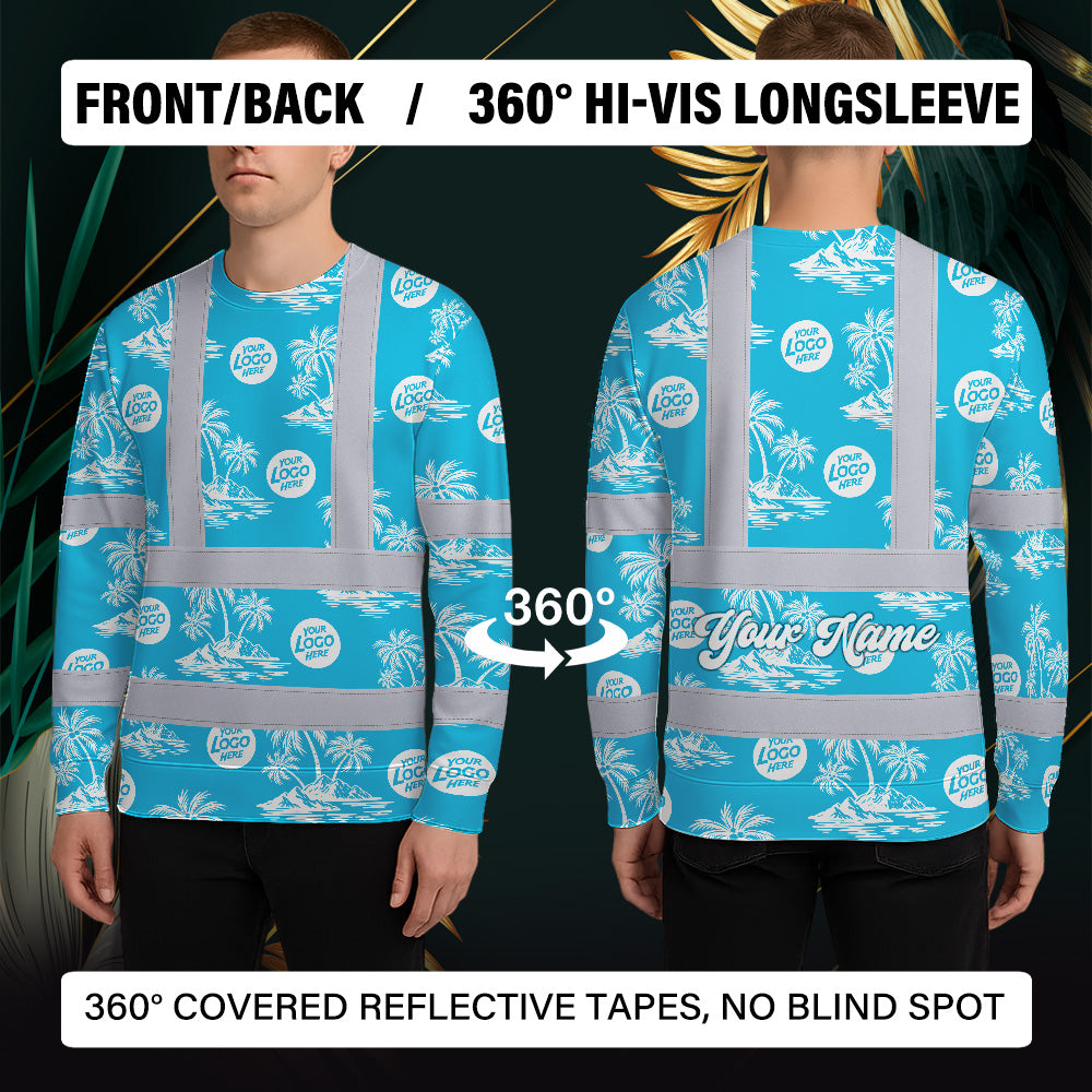Hi Vis Long Sleeve Shirt Reflective Tapes Blue Neon And White Flowers Custom Name And Logo Safety Workwear For Company