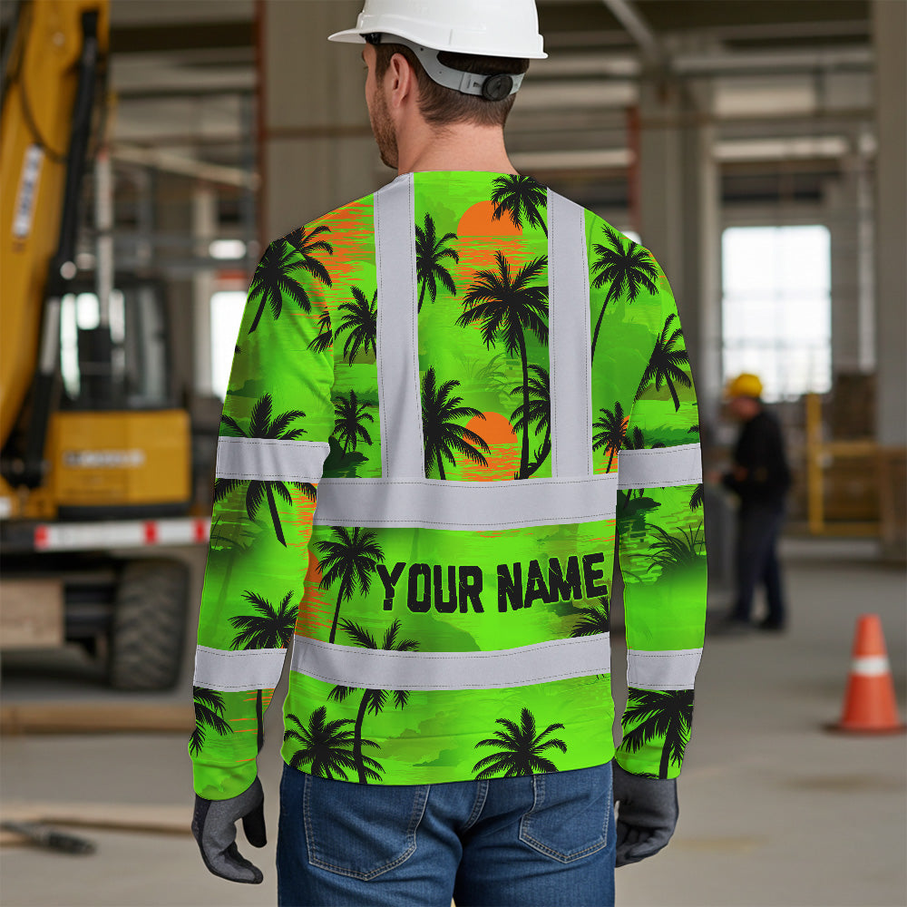 Hi Vis Long Sleeve Shirt Reflective Tapes Green Neon Flowers Custom Name