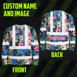 Hi Vis Long Sleeve Shirt Reflective Tapes Blue Pink Flowers Custom Name And Image Safety Workwear For Truckers, Pet Lovers