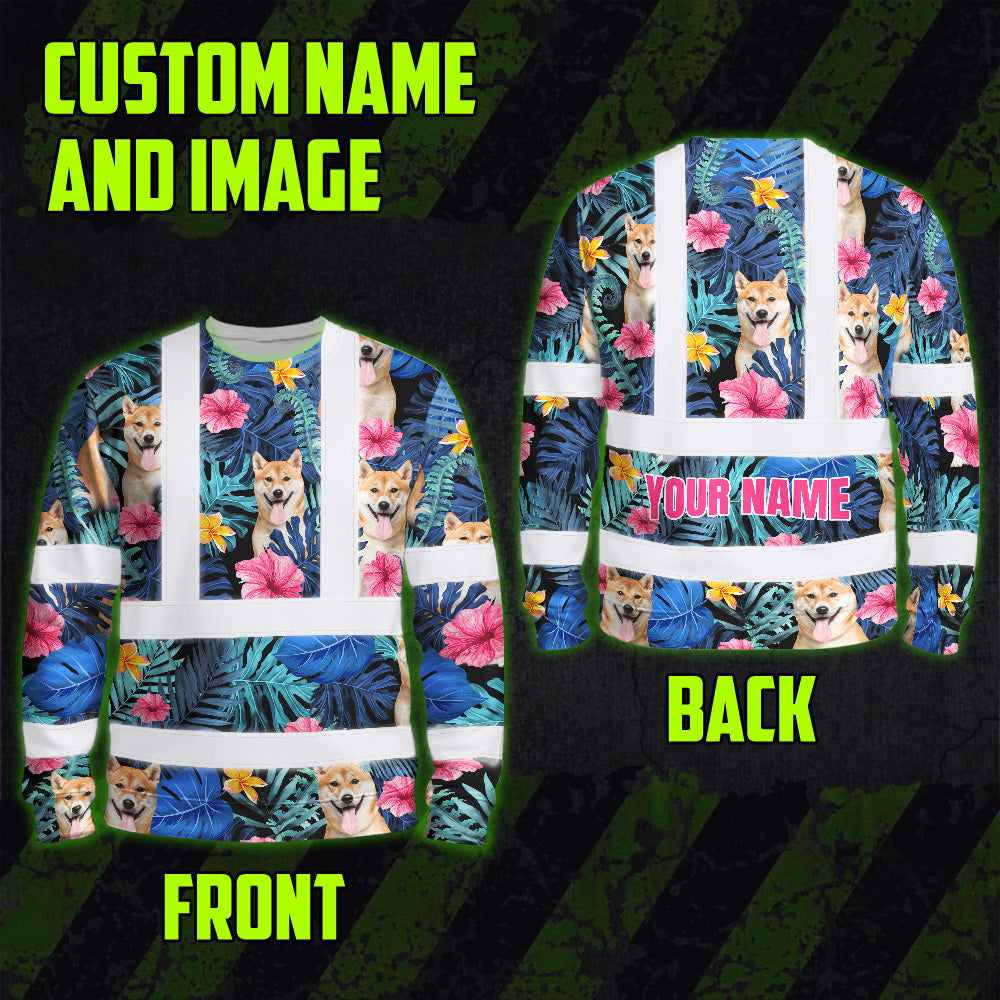Hi Vis Long Sleeve Shirt Reflective Tapes Blue Pink Flowers Custom Name And Image Safety Workwear For Truckers, Pet Lovers