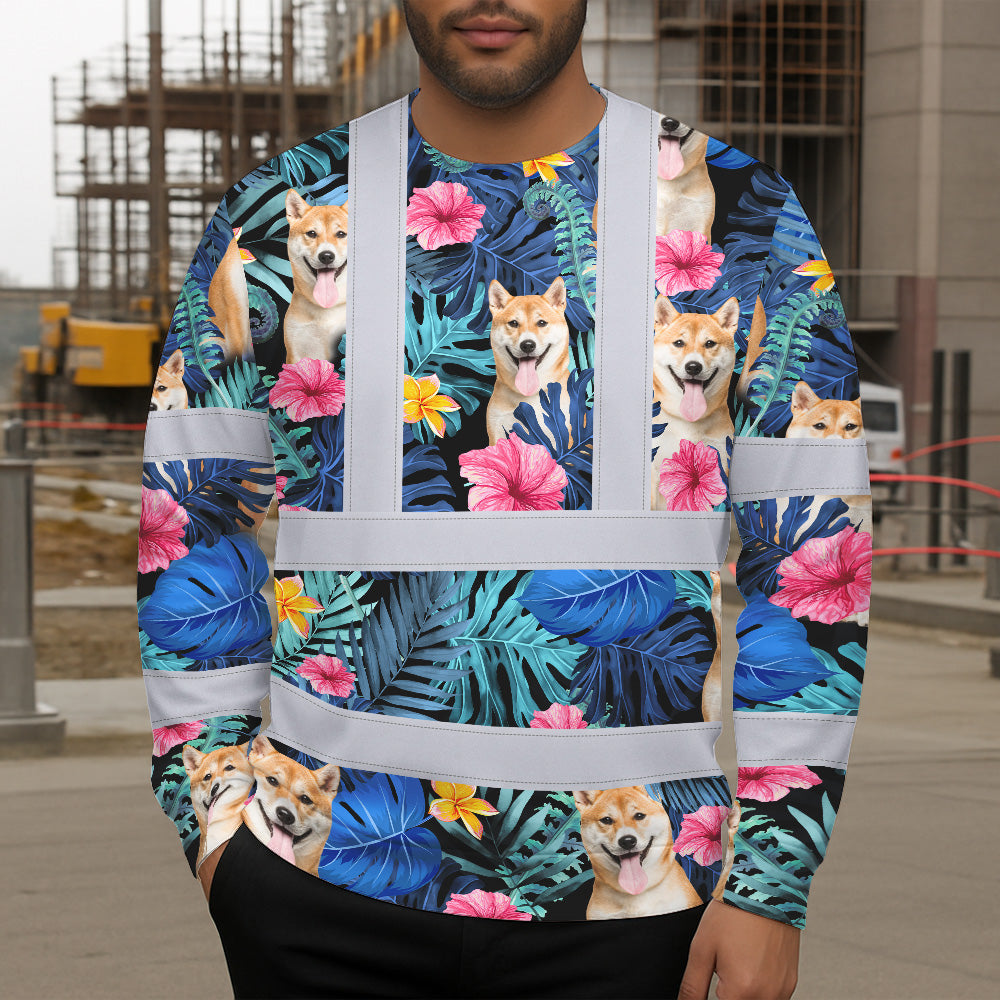 Hi Vis Long Sleeve Shirt Reflective Tapes Blue Pink Flowers Custom Name And Image Safety Workwear For Truckers, Pet Lovers
