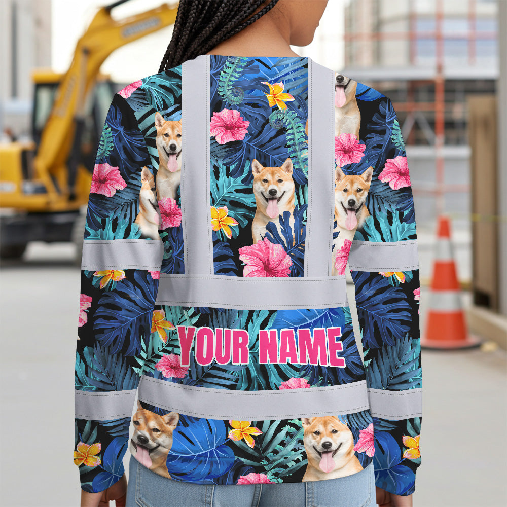 Hi Vis Long Sleeve Shirt Reflective Tapes Blue Pink Flowers Custom Name And Image Safety Workwear For Truckers, Pet Lovers