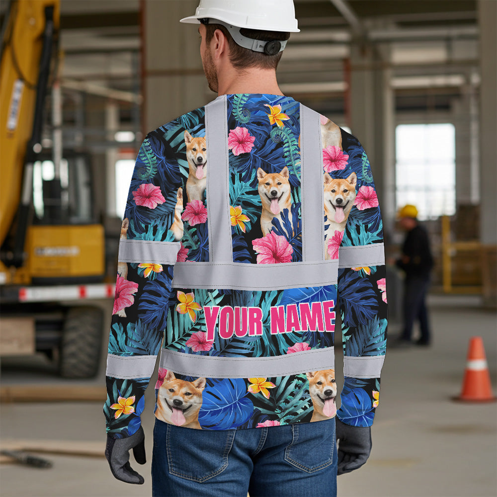 Hi Vis Long Sleeve Shirt Reflective Tapes Blue Pink Flowers Custom Name And Image Safety Workwear For Truckers, Pet Lovers