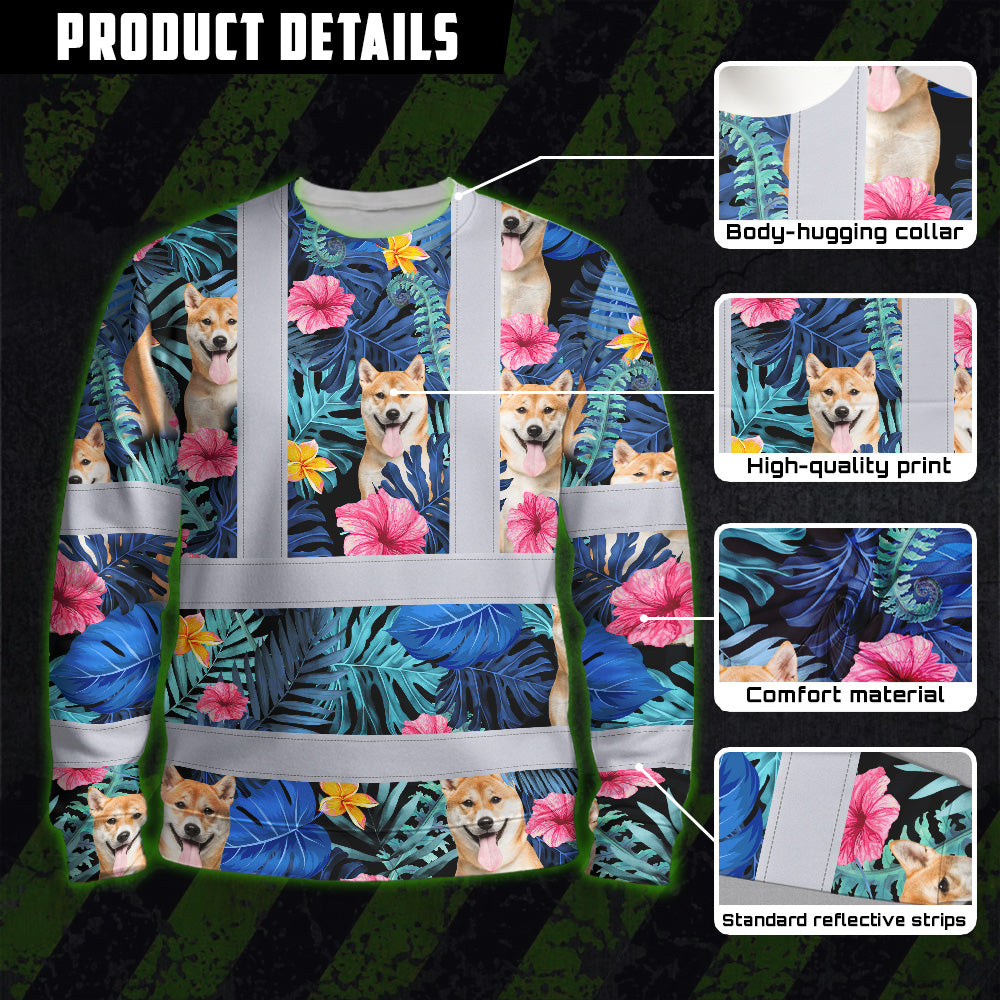 Hi Vis Long Sleeve Shirt Reflective Tapes Blue Pink Flowers Custom Name And Image Safety Workwear For Truckers, Pet Lovers