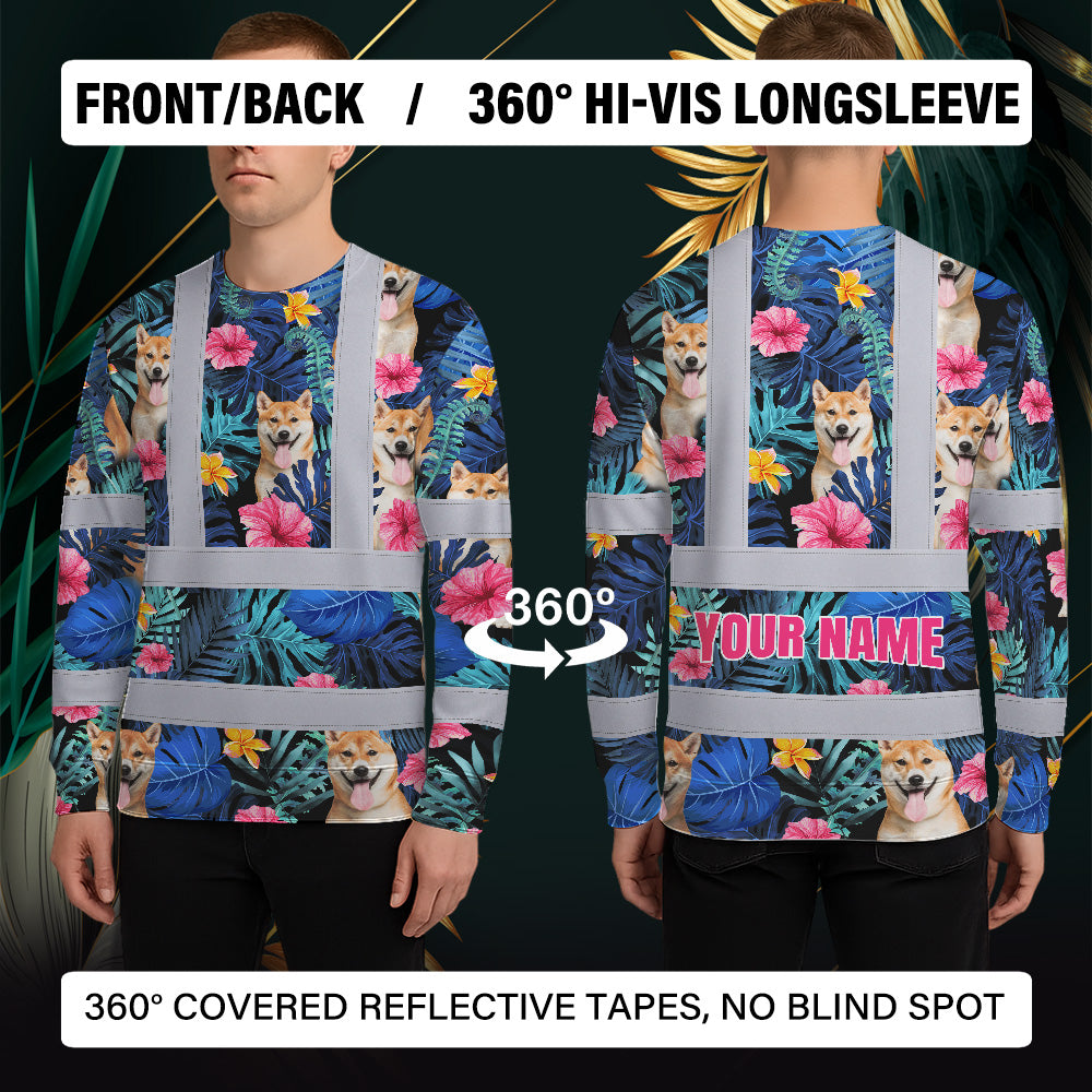 Hi Vis Long Sleeve Shirt Reflective Tapes Blue Pink Flowers Custom Name And Image Safety Workwear For Truckers, Pet Lovers