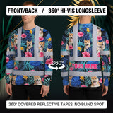 Hi Vis Long Sleeve Shirt Reflective Tapes Blue Pink Flowers Custom Name And Image Safety Workwear For Truckers, Pet Lovers