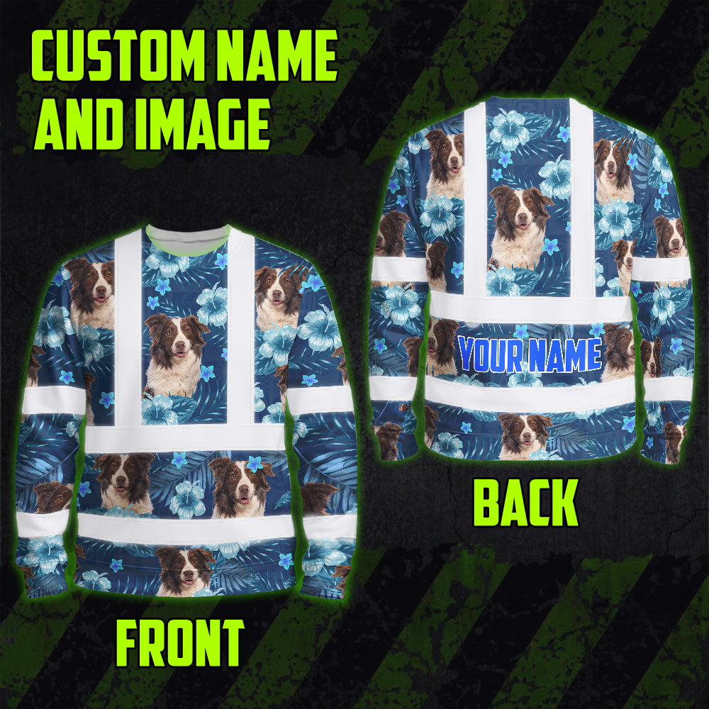 Hi Vis Long Sleeve Shirt Reflective Tapes Blue Flowers Custom Name And Image Safety Workwear For Truckers, Pet Lovers