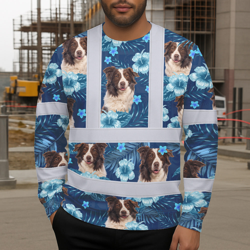 Hi Vis Long Sleeve Shirt Reflective Tapes Blue Flowers Custom Name And Image Safety Workwear For Truckers, Pet Lovers