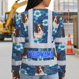 Hi Vis Long Sleeve Shirt Reflective Tapes Blue Flowers Custom Name And Image Safety Workwear For Truckers, Pet Lovers