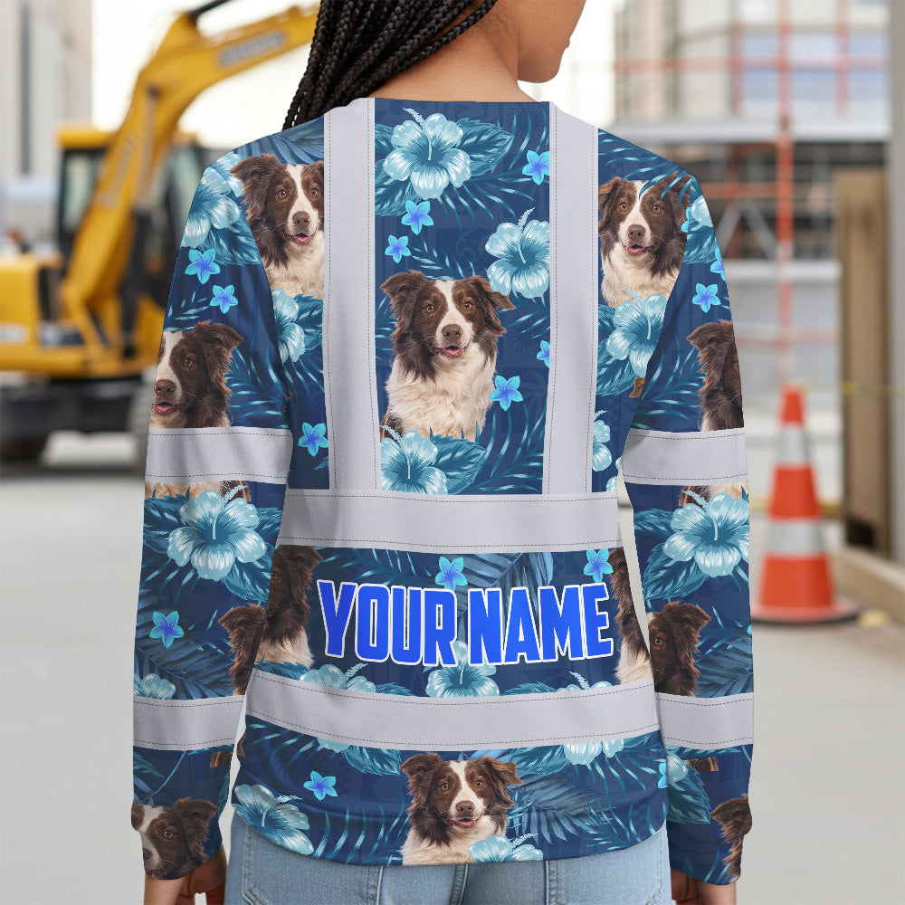 Hi Vis Long Sleeve Shirt Reflective Tapes Blue Flowers Custom Name And Image Safety Workwear For Truckers, Pet Lovers