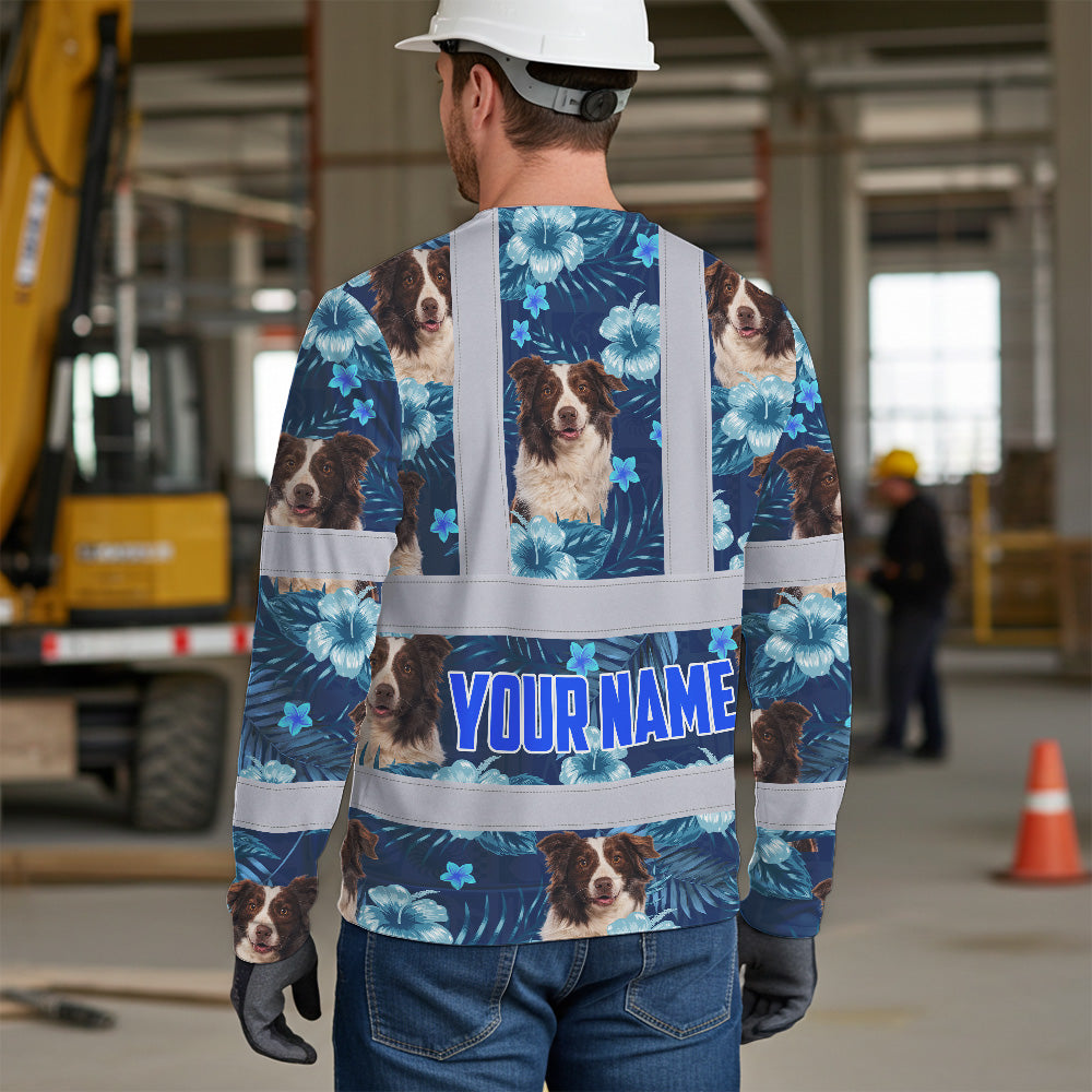 Hi Vis Long Sleeve Shirt Reflective Tapes Blue Flowers Custom Name And Image Safety Workwear For Truckers, Pet Lovers