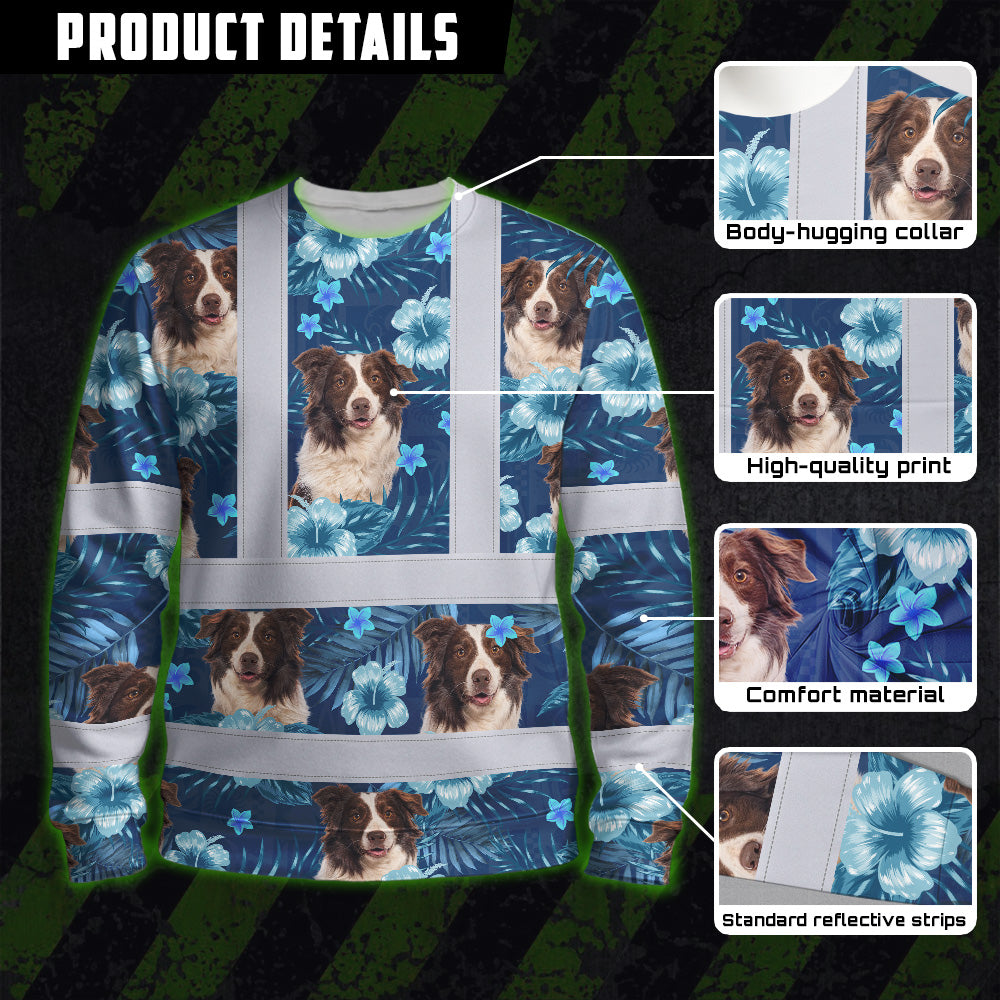 Hi Vis Long Sleeve Shirt Reflective Tapes Blue Flowers Custom Name And Image Safety Workwear For Truckers, Pet Lovers