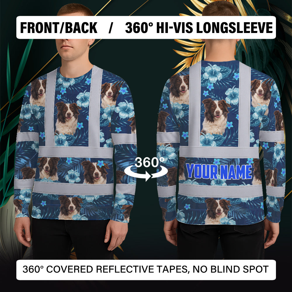 Hi Vis Long Sleeve Shirt Reflective Tapes Blue Flowers Custom Name And Image Safety Workwear For Truckers, Pet Lovers