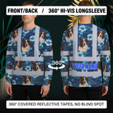 Hi Vis Long Sleeve Shirt Reflective Tapes Blue Flowers Custom Name And Image Safety Workwear For Truckers, Pet Lovers