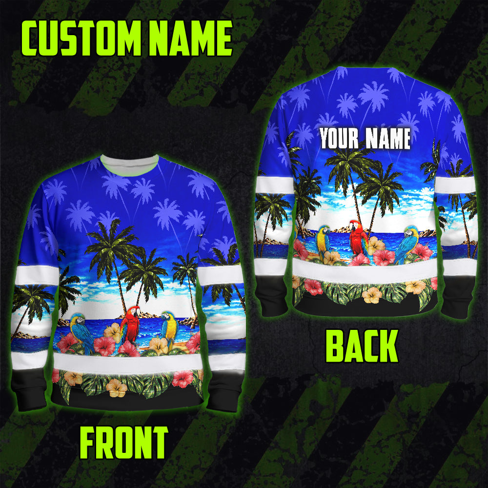 Hi Vis Long Sleeve Shirt Reflective Tapes Blue Black Parrot Hawaii Custom Name Safety Workwear For Truckers, Operators