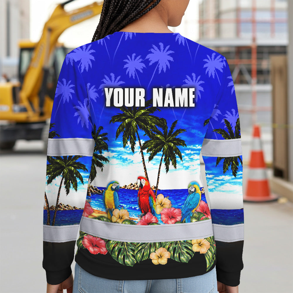Hi Vis Long Sleeve Shirt Reflective Tapes Blue Black Parrot Hawaii Custom Name Safety Workwear For Truckers, Operators