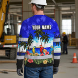 Hi Vis Long Sleeve Shirt Reflective Tapes Blue Black Parrot Hawaii Custom Name Safety Workwear For Truckers, Operators