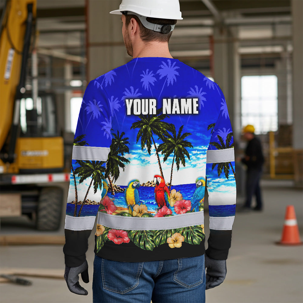 Hi Vis Long Sleeve Shirt Reflective Tapes Blue Black Parrot Hawaii Custom Name Safety Workwear For Truckers, Operators