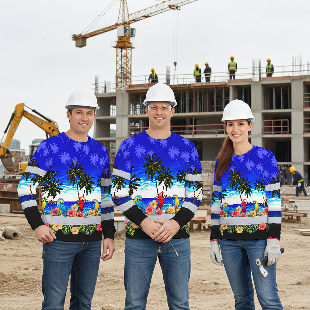 Hi Vis Long Sleeve Shirt Reflective Tapes Blue Black Parrot Hawaii Custom Name Safety Workwear For Truckers, Operators