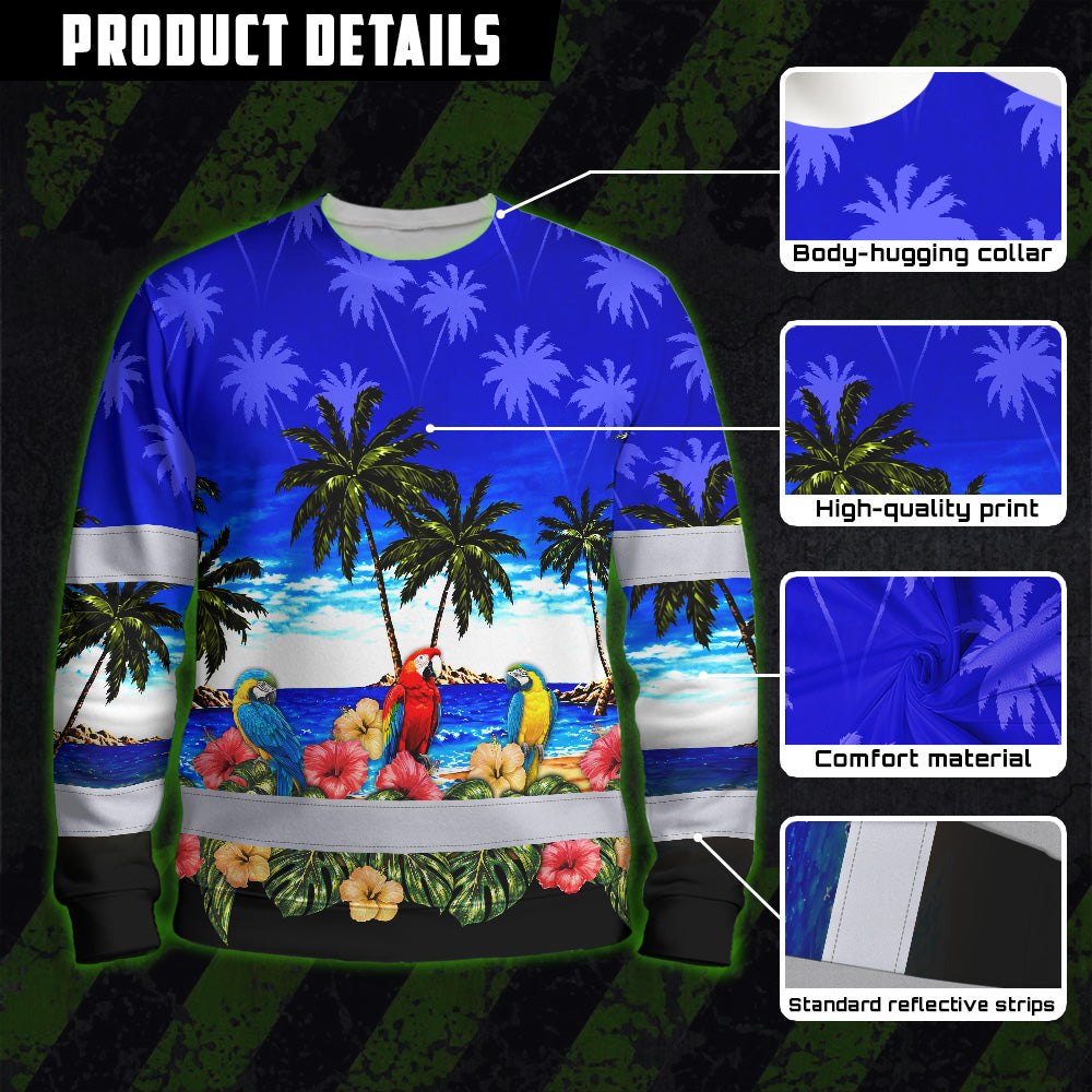 Hi Vis Long Sleeve Shirt Reflective Tapes Blue Black Parrot Hawaii Custom Name Safety Workwear For Truckers, Operators
