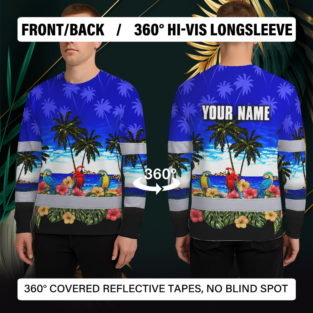 Hi Vis Long Sleeve Shirt Reflective Tapes Blue Black Parrot Hawaii Custom Name Safety Workwear For Truckers, Operators