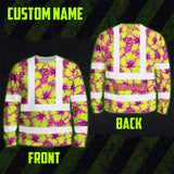 Hi Vis Long Sleeve Shirt Reflective Tapes Pink Neon And Lime Flowers Custom Name Safety Workwear For Truckers, Operators