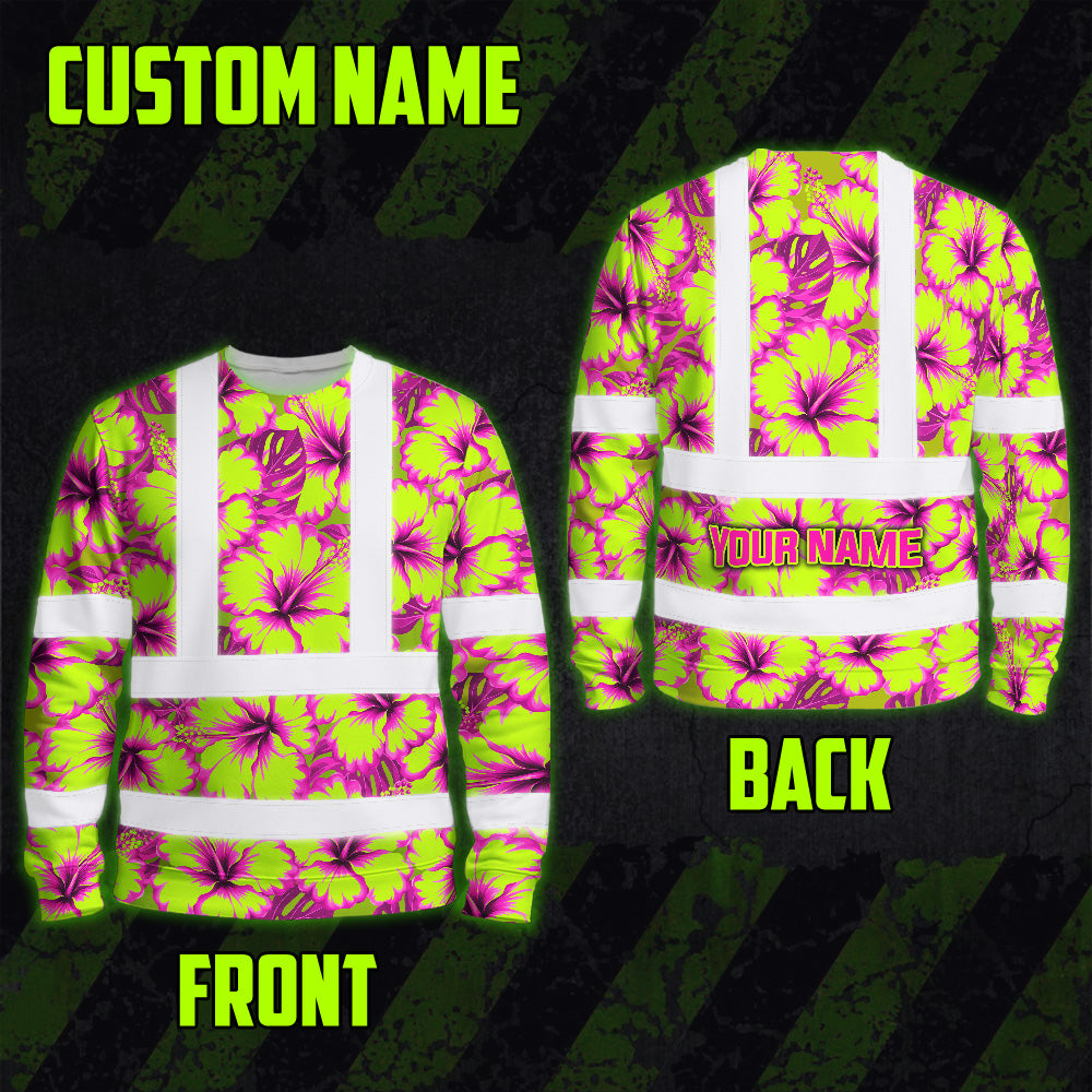 Hi Vis Long Sleeve Shirt Reflective Tapes Pink Neon And Lime Flowers Custom Name Safety Workwear For Truckers, Operators