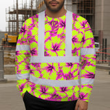 Hi Vis Long Sleeve Shirt Reflective Tapes Pink Neon And Lime Flowers Custom Name Safety Workwear For Truckers, Operators