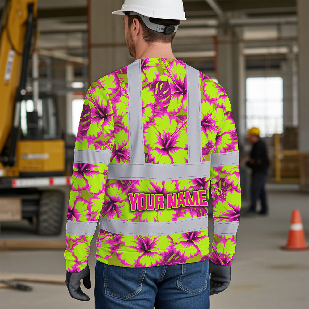 Hi Vis Long Sleeve Shirt Reflective Tapes Pink Neon And Lime Flowers Custom Name Safety Workwear For Truckers, Operators