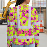 Hi Vis Long Sleeve Shirt Reflective Tapes Pink Neon And Lime Flowers Custom Name Safety Workwear For Truckers, Operators