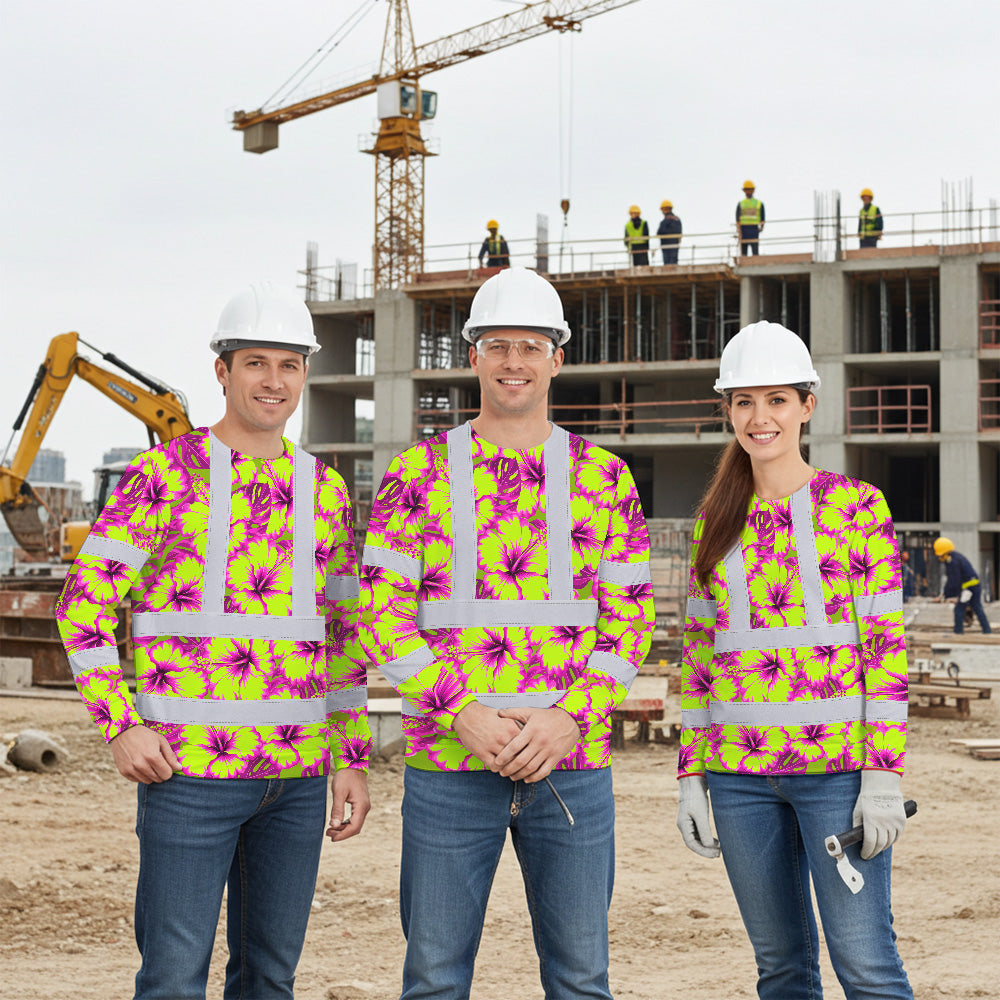 Hi Vis Long Sleeve Shirt Reflective Tapes Pink Neon And Lime Flowers Custom Name Safety Workwear For Truckers, Operators