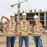 Hi Vis Long Sleeve Shirt Reflective Tapes Pink Neon And Lime Flowers Custom Name Safety Workwear For Truckers, Operators