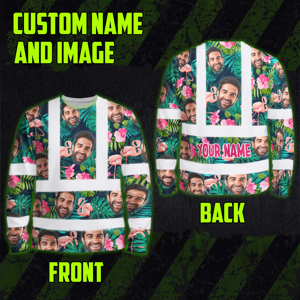 Hi Vis Long Sleeve Shirt Reflective Tapes Pink And Green 2 Custom Name And Photo Safety Workwear For Workers, Truckers, Operators