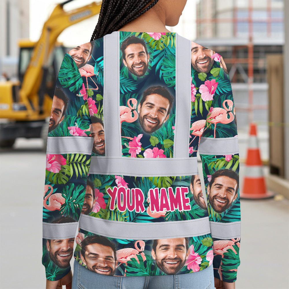 Hi Vis Long Sleeve Shirt Reflective Tapes Pink And Green 2 Custom Name And Photo Safety Workwear For Workers, Truckers, Operators