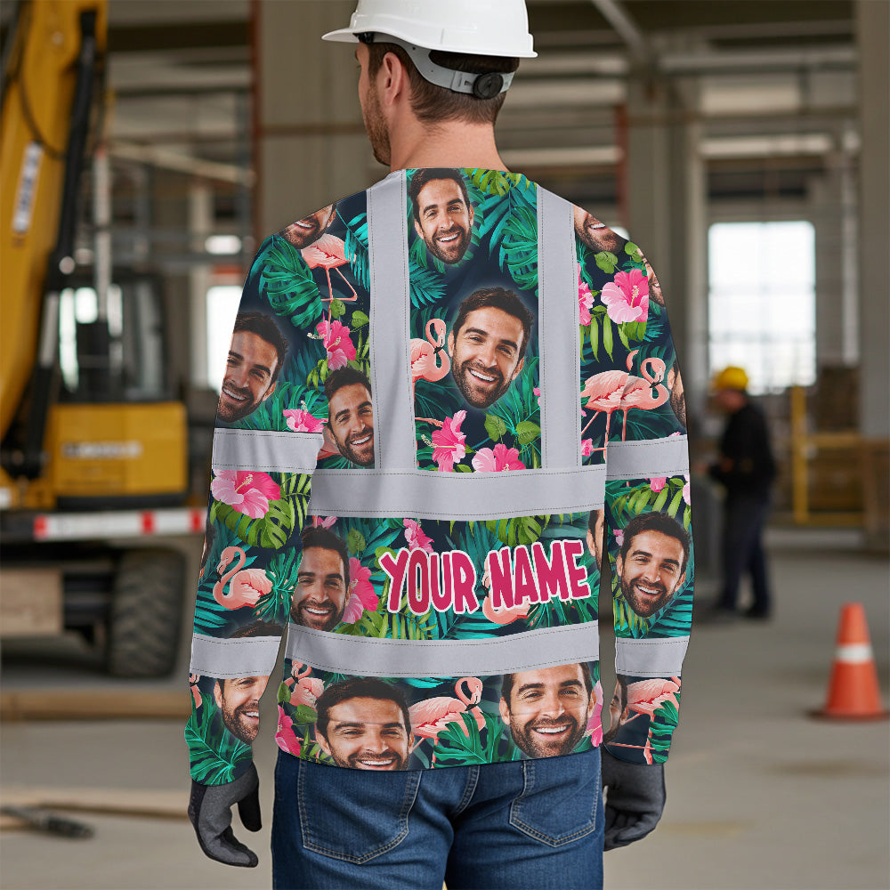 Hi Vis Long Sleeve Shirt Reflective Tapes Pink And Green 2 Custom Name And Photo Safety Workwear For Workers, Truckers, Operators