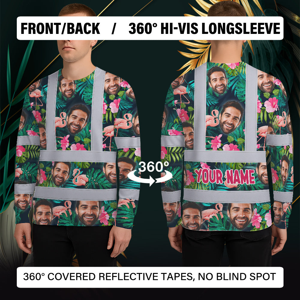 Hi Vis Long Sleeve Shirt Reflective Tapes Pink And Green 2 Custom Name And Photo Safety Workwear For Workers, Truckers, Operators