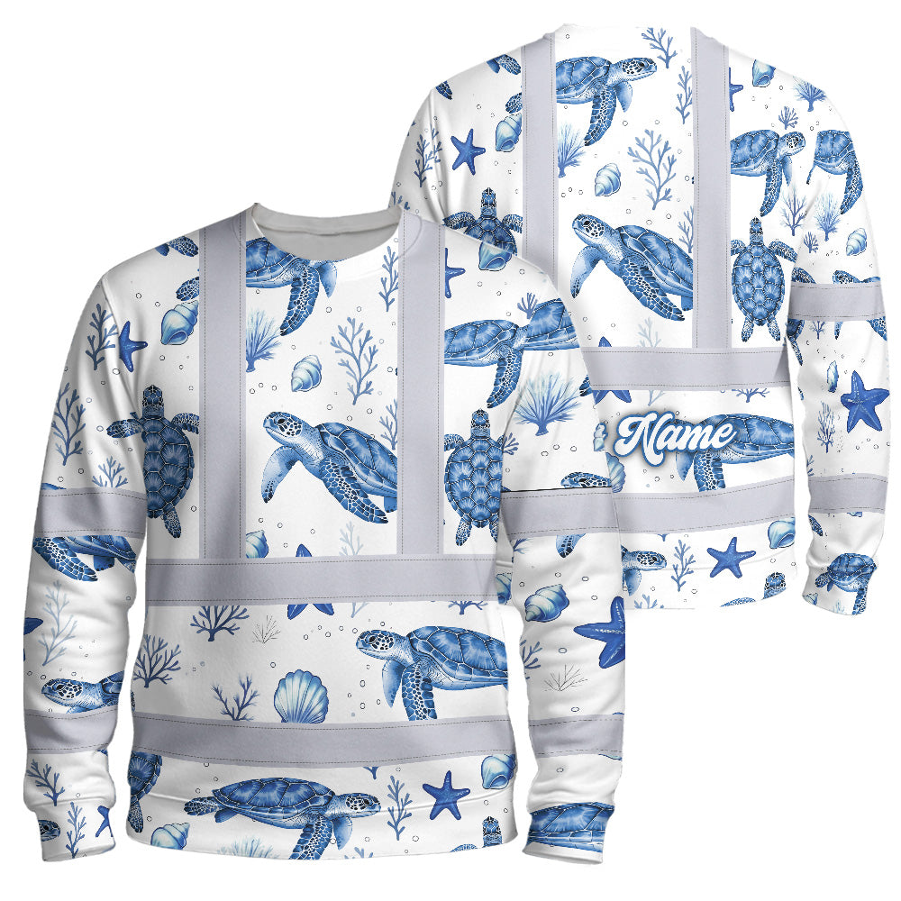 Hi Vis Long Sleeve Shirt Reflective Tapes Blue Flowers Turtle 2 Custom Name Safety Workwear For Workers, Truckers, Operators, Company