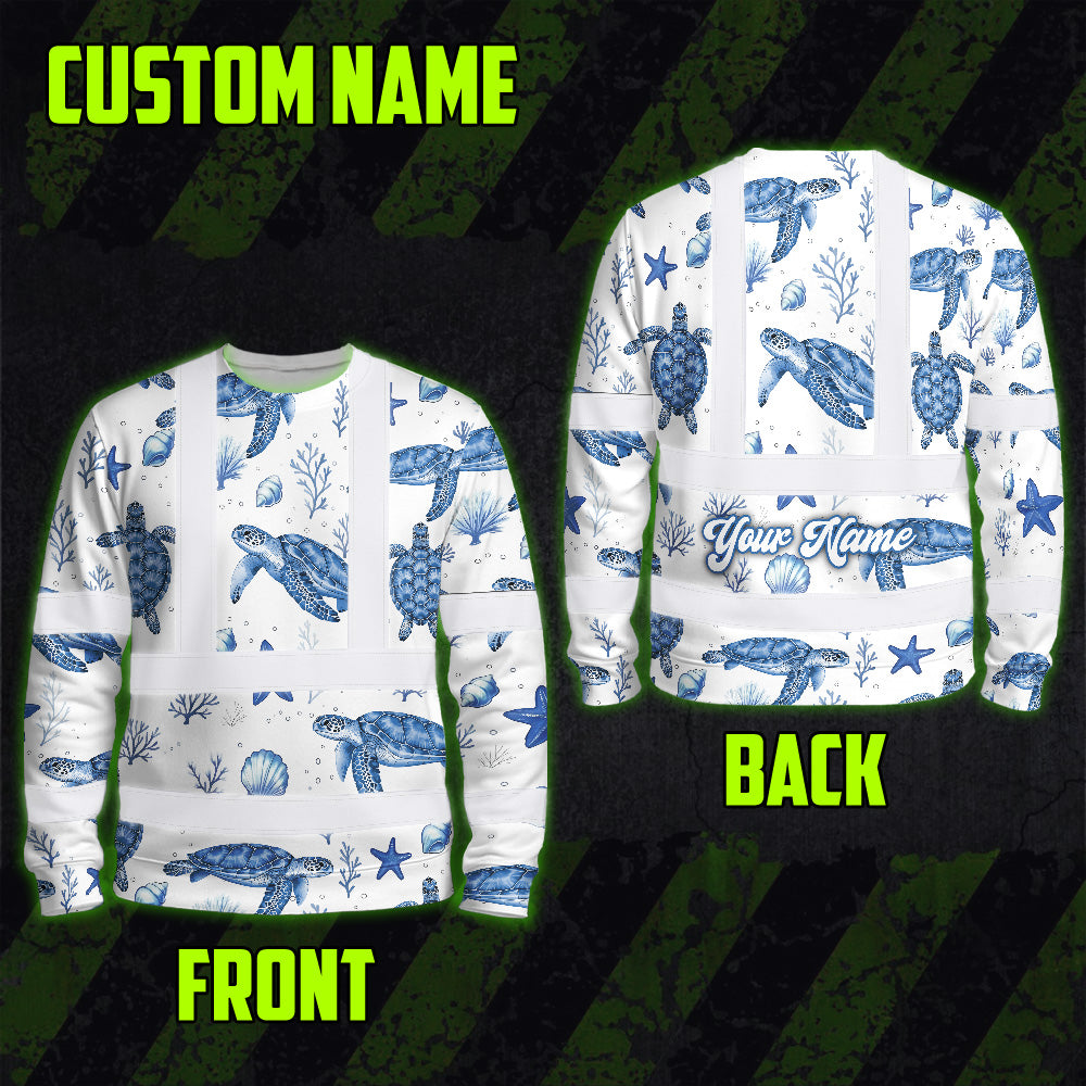 Hi Vis Long Sleeve Shirt Reflective Tapes Blue Flowers Turtle 2 Custom Name Safety Workwear For Workers, Truckers, Operators, Company