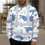 Hi Vis Long Sleeve Shirt Reflective Tapes Blue Flowers Turtle 2 Custom Name Safety Workwear For Workers, Truckers, Operators, Company
