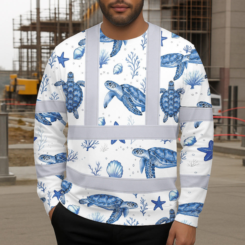 Hi Vis Long Sleeve Shirt Reflective Tapes Blue Flowers Turtle 2 Custom Name Safety Workwear For Workers, Truckers, Operators, Company
