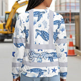 Hi Vis Long Sleeve Shirt Reflective Tapes Blue Flowers Turtle 2 Custom Name Safety Workwear For Workers, Truckers, Operators, Company