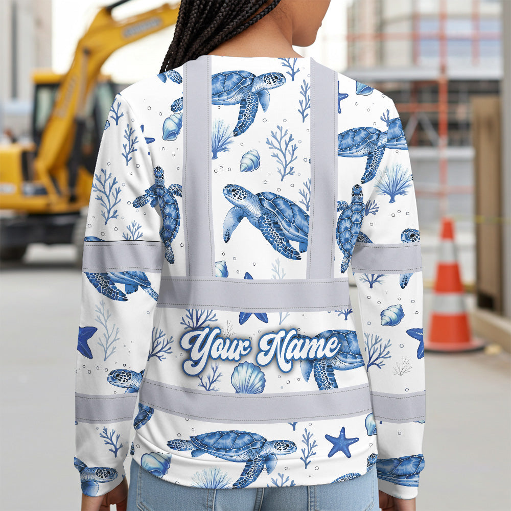 Hi Vis Long Sleeve Shirt Reflective Tapes Blue Flowers Turtle 2 Custom Name Safety Workwear For Workers, Truckers, Operators, Company
