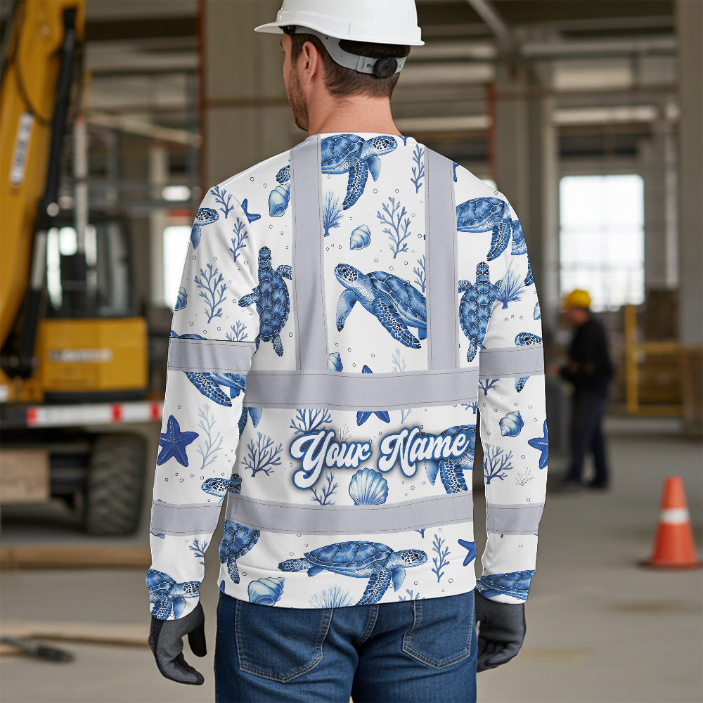 Hi Vis Long Sleeve Shirt Reflective Tapes Blue Flowers Turtle 2 Custom Name Safety Workwear For Workers, Truckers, Operators, Company