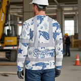 Hi Vis Long Sleeve Shirt Reflective Tapes Blue Flowers Turtle 2 Custom Name Safety Workwear For Workers, Truckers, Operators, Company