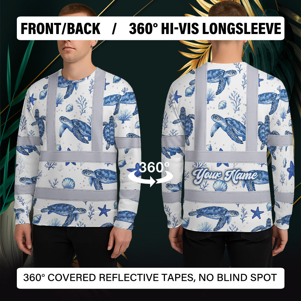 Hi Vis Long Sleeve Shirt Reflective Tapes Blue Flowers Turtle 2 Custom Name Safety Workwear For Workers, Truckers, Operators, Company