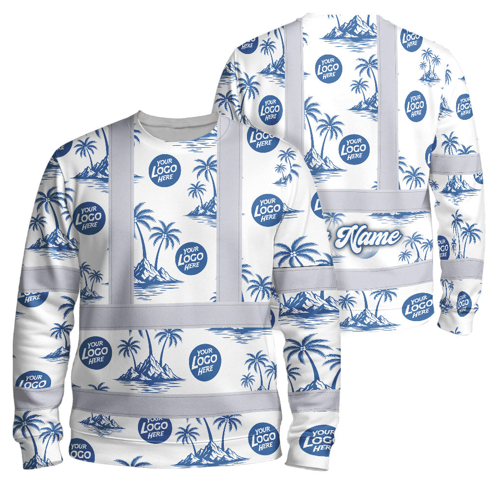 Hi Vis Long Sleeve Shirt Reflective Tapes Dark Blue And White Flowers Custom Name And Logo Safety Workwear For Truckers, Company