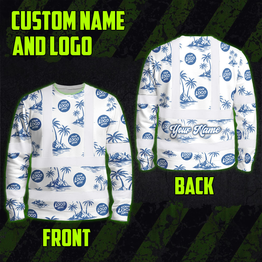 Hi Vis Long Sleeve Shirt Reflective Tapes Dark Blue And White Flowers Custom Name And Logo Safety Workwear For Truckers, Company