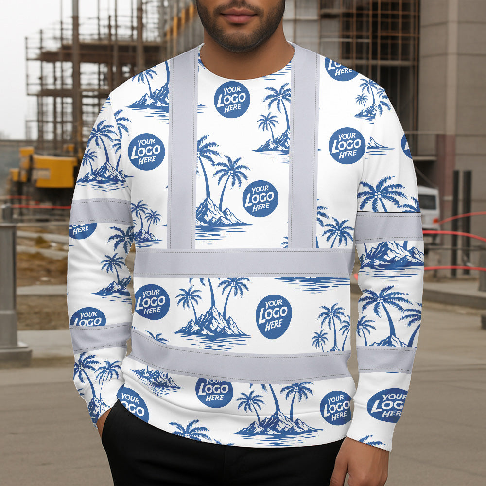 Hi Vis Long Sleeve Shirt Reflective Tapes Dark Blue And White Flowers Custom Name And Logo Safety Workwear For Truckers, Company